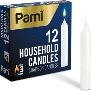 PAMI Traditional Shabbat Candle Sticks [12-Pack] - Unscented Taper Candles with 3 Hours Burning Time- Paraffin Shabbos Candles with Beautiful Flame- Tall Dinner Candles for Candlestick Holders