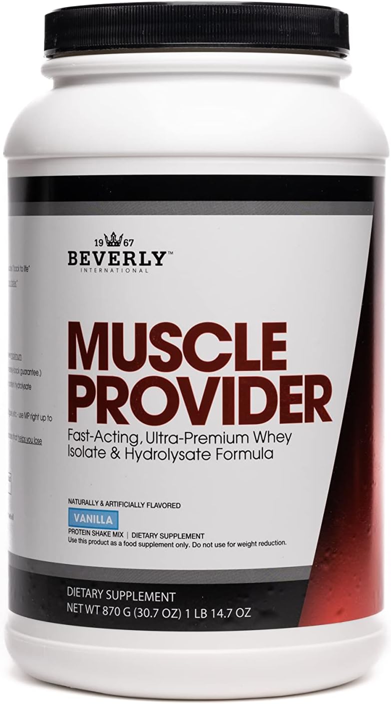 Beverly International Muscle Provider, 30 Servings, Vanilla. Super-Fast-Absorbing Whey Protein Powder for Recovery, Lean Muscle. Fills Your Muscles, not Your Stomach. Tastes Like Ice Cream