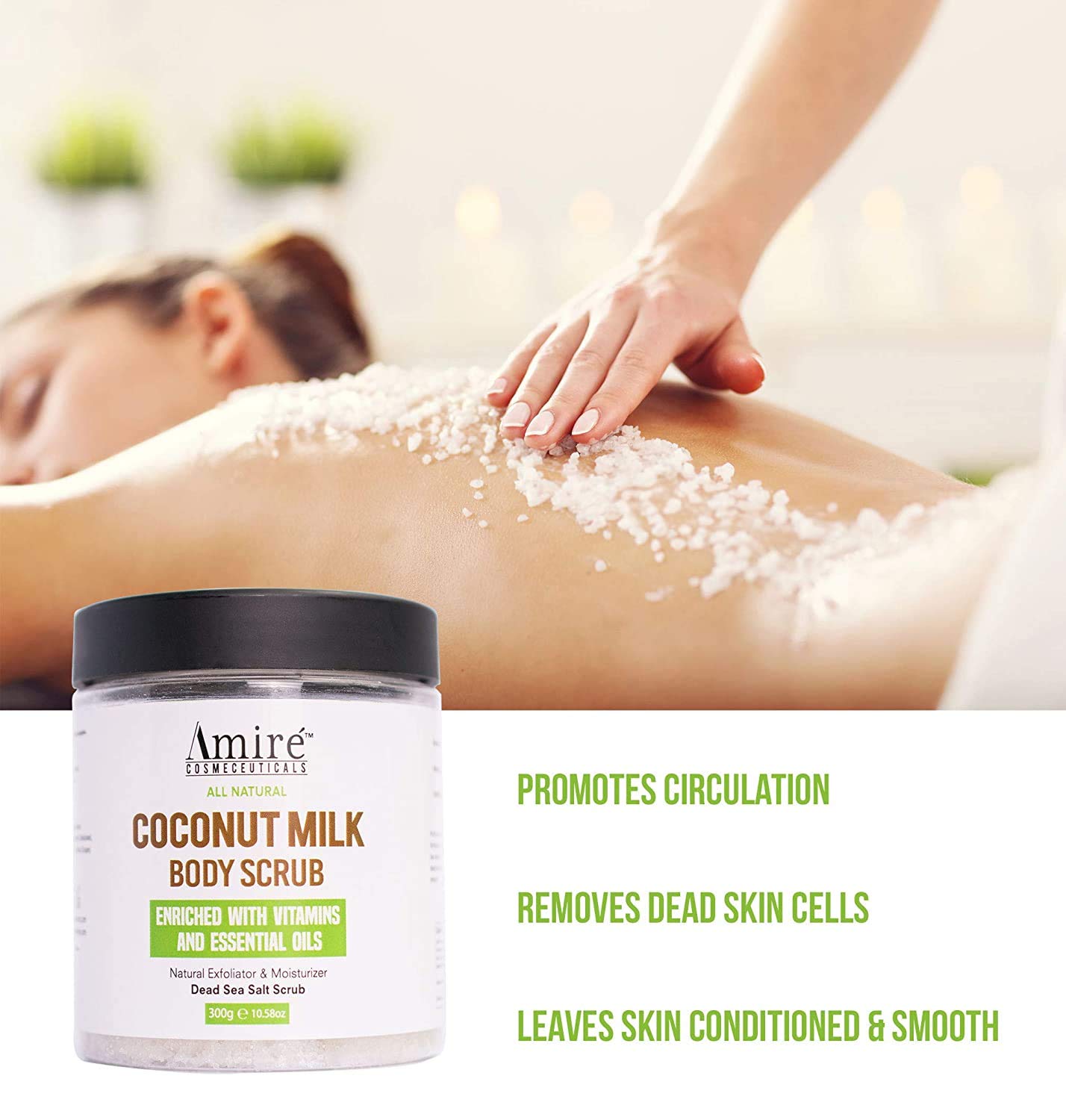 Coconut Milk Scrub For Body And Face, 100% Pure Dead Sea Salt Exfoliating and Moisturizing Scrub For Cellulite Stretch Marks, Acne and Varicose Veins with Vitamin E, Shea Butter, Argan Oil, 300g - Image 4