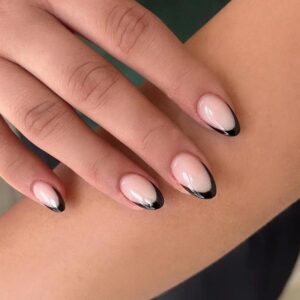 Black French Tip Press on Nails - Almond Short Fake Nails with Glue Acrylic Glue & Designs Gel Classy Manicure for Women, Girls, Stick-Ons for Wedding, Birthday DKL88