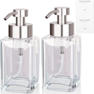 Foaming Soap Dispenser with Stainless Steel Pump, 12oz Refillable Glass Liquid Dish Soap Bottles for Bathroom, Kitchen Sink, Home Decor, 2 Pack