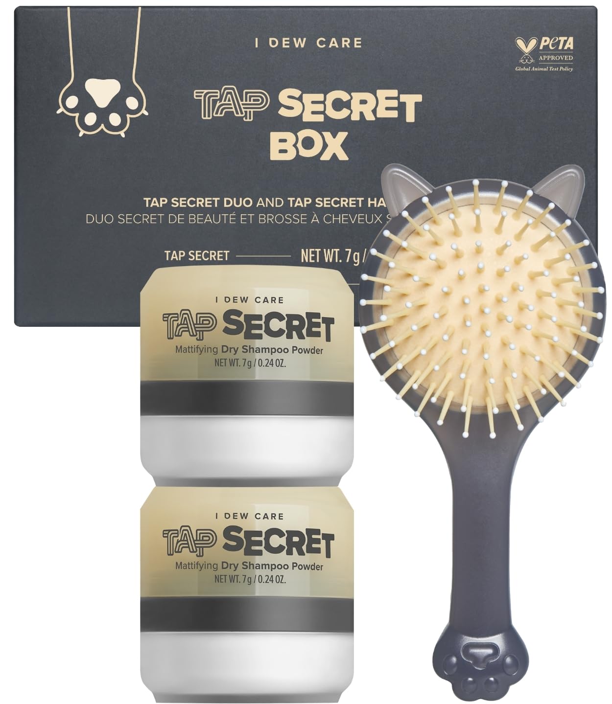 I DEW CARE Biotin Clarifying Dry Shampoo - Tap Secret Box | Fuller Looking Dry Shampoo, Non-aerosol, Benzene-free, Detangling Hair Brush, For All Hair Types - Women, Men & Women, Teens