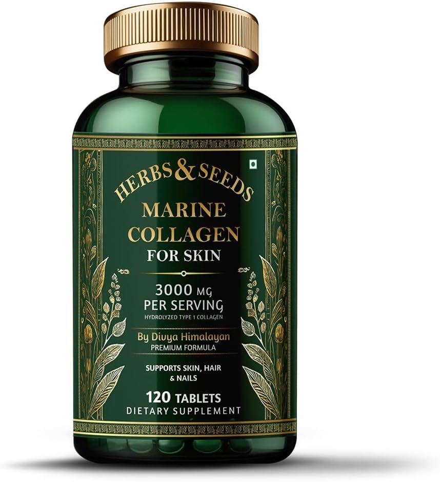 HERBS & SEEDS Marine Collagen Supplement Tablets Hydrolysed Collagen Peptides Supplement Enriched with Biotin Vitamin C Vitamin E for Hair Skin & Nails - 120 Tablets