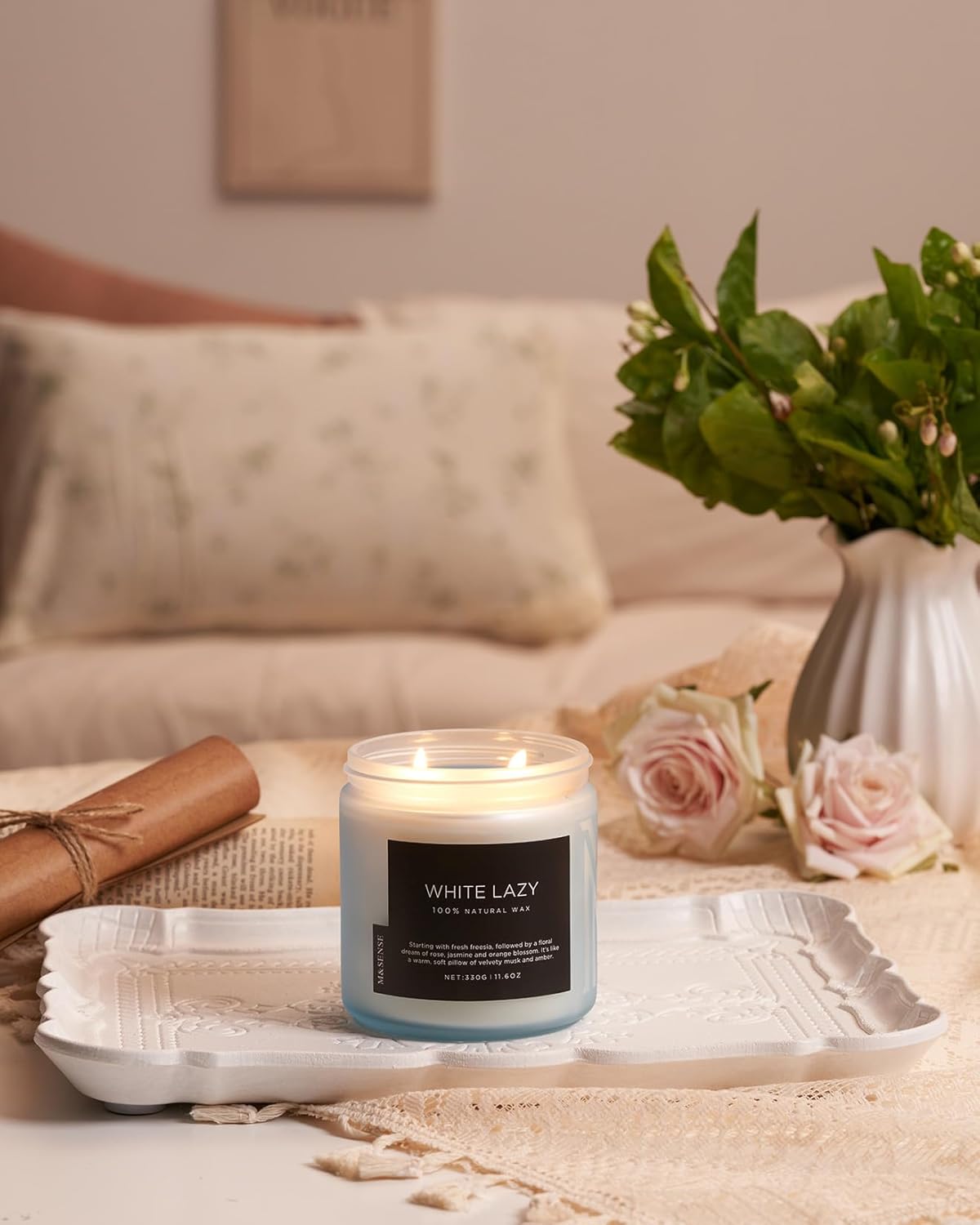 M&SENSE Jasmine & Clean Cotton Spring Scented Candle, 11.6oz Aromatherapy Gifts 2 Wick 70 Hours Long Lasting Burn, Natural Organic Soy Candle, Housewarming Gifts for Dad Mom Friends - Image 6