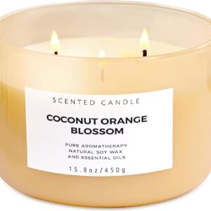 Coconut Orange Blossom 3 Wick Candle | Highly Scented Soy Candles for Home 15.8 oz, Summer & Tropical Scented Candle | Aromatherapy Stress Relief Candle, Relaxing Clean Burning Candles for Women & Men