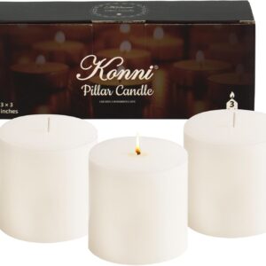 KONNI White Pillar Candles Set of 3, 3"x 3" Unscented Pillar Candles Bulk, 30 Hours Long Burning Candles, Smokeless&Dripless Large Round Candle for Wedding, Home Decoration, Parties, Spas, Dinner