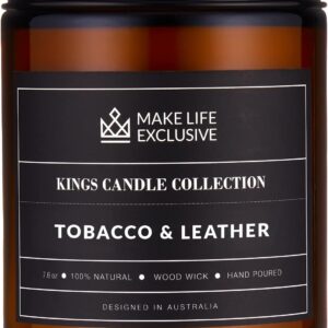 Scented Candles for Men | Tobacco & Leather Scented | Wooden Wick, Long Lasting, Masculine Scents | Natural Soy Jar Candle for Home, Bacehlor Pad Decor | The Perfect Mens Gift