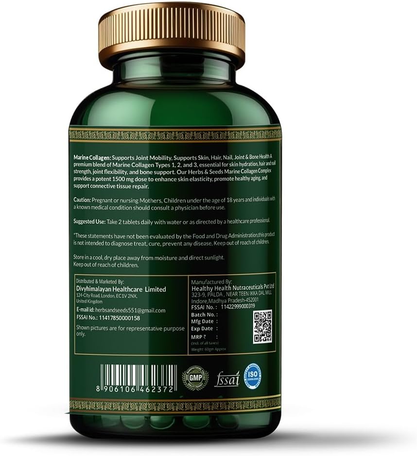 HERBS & SEEDS Marine Collagen Supplement Tablets Hydrolysed Collagen Peptides Supplement Enriched with Biotin Vitamin C Vitamin E for Hair Skin & Nails - 120 Tablets - Image 3