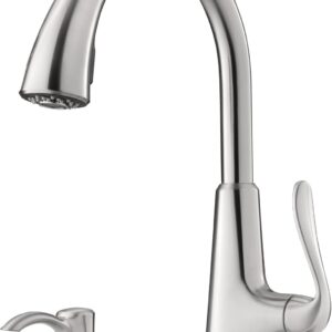 Pfister Pasadena Kitchen Faucet with Pull Down Sprayer and Soap Dispenser, Single Handle, High Arc, Stainless Steel Finish, F5297PDS