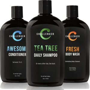 Challenger Men’s Tea Tree Shampoo, Conditioner, & Fresh Body Wash Trio, 3X 16 Oz Bottles | Sulfate Free w/Vitamins, Argan Oil, Biotin | Keratin, Vitamin C, Vitamin D, Protein, No Artificial Colors