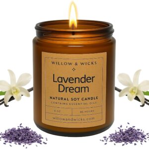 Lavender Dreams Scented Candle | Handmade 8oz Soy Candle | Long-Lasting Aromatherapy Candle for Relaxation & Sleep | Willow & Wicks | Essential Oils