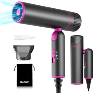 7MAGIC Foldable Hair Dryer, Powerful Ionic Blow Dryer for Fast Drying, Travel Hair Blow Dryer with Storage Bag, Lightweight Portable Hairdryer for Women, Cold/2 Heating/2 Speed Settings, Grey