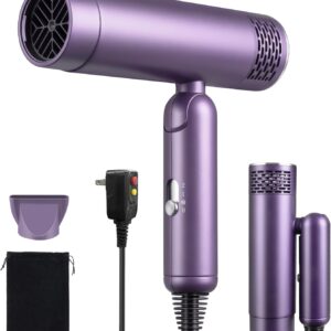Foldable Hair Dryer, Fast Drying Ionic Blow Dryer, Travel Hair Blow Dryer with Removable Nozzle and Storage Bag, Lightweight Portable Hairdryer for Women, Purple