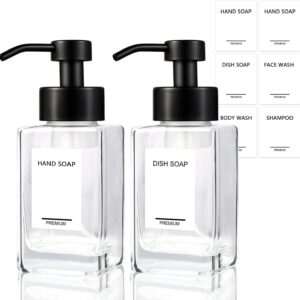 Foaming Hand Soap Dispenser 2 Pack, 12oz/350ml Glass Foaming Soap Dispenser Set with Stainless Steel Pump, Square Refillable Foam Pump Bottles for Bathroom&Kitchen,Includes 6 Labels