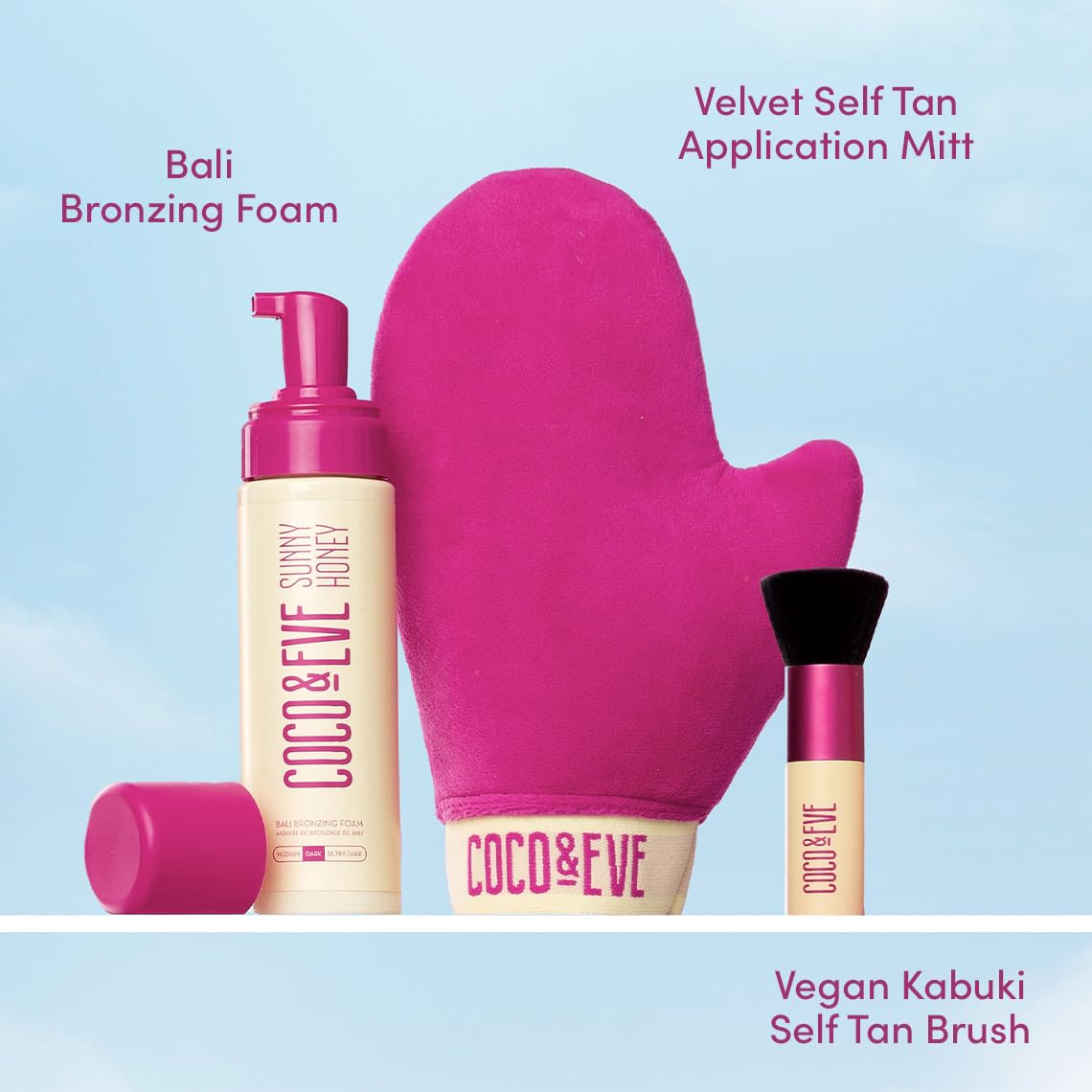 Coco & Eve Sunny Honey Bali Bronzing Bundle Medium - Natural Sunless Tan Mousse, Applicator Mitt, Kabuki Brush - Image 4
