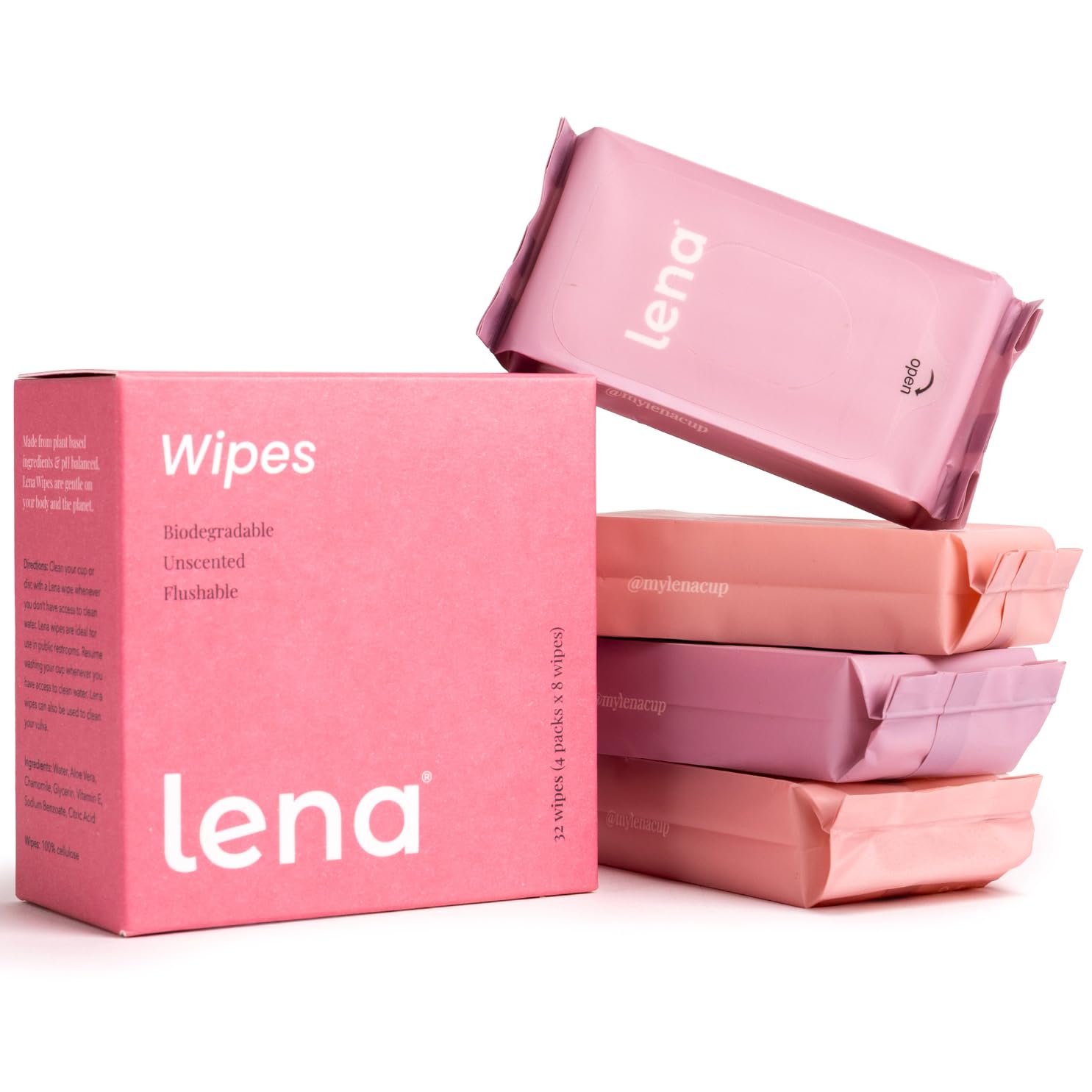 Lena Menstrual Cup & Disc Cleansing Wipes - Travel Essentials for Women & Girls - pH Balanced, Unscented Feminine Wipes for Periods & Intimate Care - Discreet & Travel Friendly - 32 Count