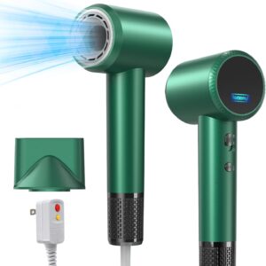 Professional Hair Dryer - 150000 RPM High-Speed, Negative Ionic for Fast Drying and Hair Care. Low Noise, 4 Temps/2 Speeds, Lightweight with Magnetic Nozzle. (Green)