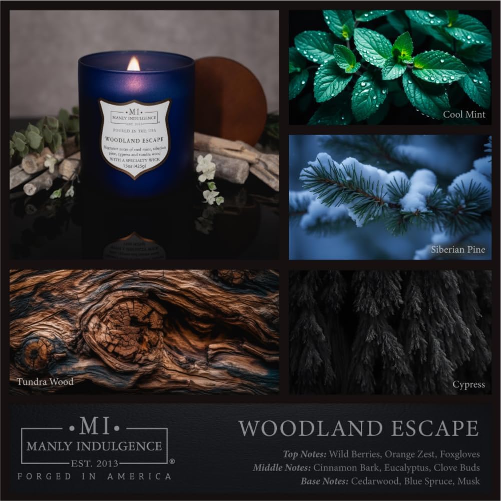 Manly Indulgence Woodland Escape Scented Candles for Men, 15 oz Wooden Wick, Premium Soy Blend Wax, 60H Burn, Candles for Home Scented - Made in The USA - Image 2
