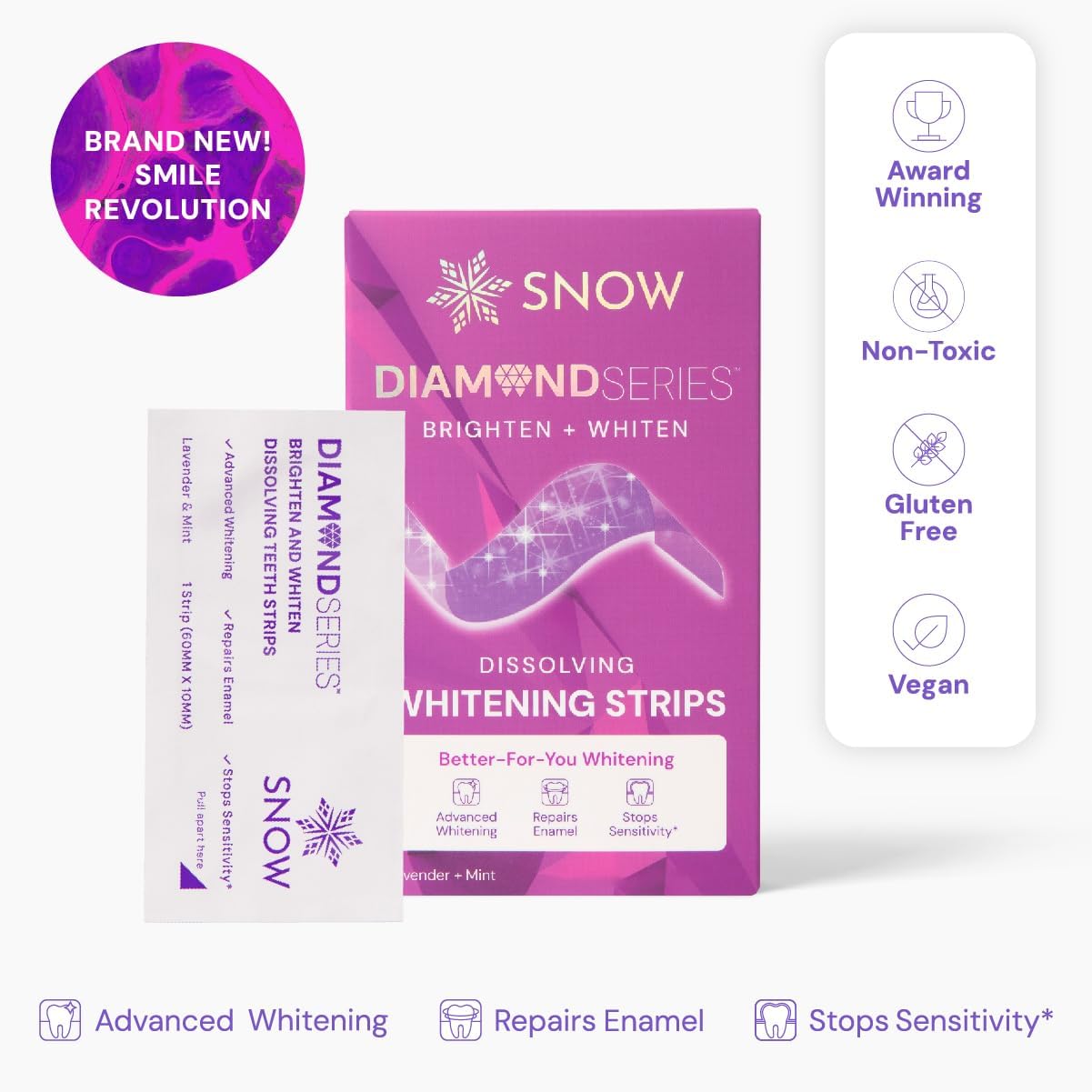 Snow Diamond Series Purple Whitening Strips - Dissolving Teeth Whitening Strips for Sensitive Teeth, Instant Brightening with Hydroxyapatite, Color-Correcting Purple Formula, 42 Count - Image 5