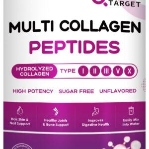 NATURE TARGET Multi Collagen Peptides Powder - Type I, II, III, V, X - Hydrolyzed Collagen Peptides with Vitamin C Hyaluronic Acid, Supports Skin Hair Nail & Joint, Grass-Fed, Non-GMO, 50 Servings
