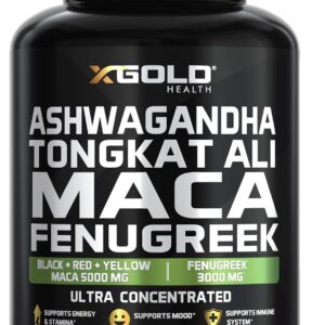 Ashwagandha 5000mg + Tongkat Ali 1000mg + Maca Root 5000mg + Fenugreek 3000mg Supplement | Black + Red + Yellow Maca Root Extract & Fenugreek Herbal Supplements for Men & Women - Made in USA