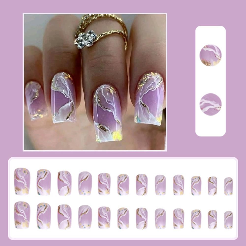 Marble Short Square Glitter Press-On Nails Kit for Women and Girls - Image 2