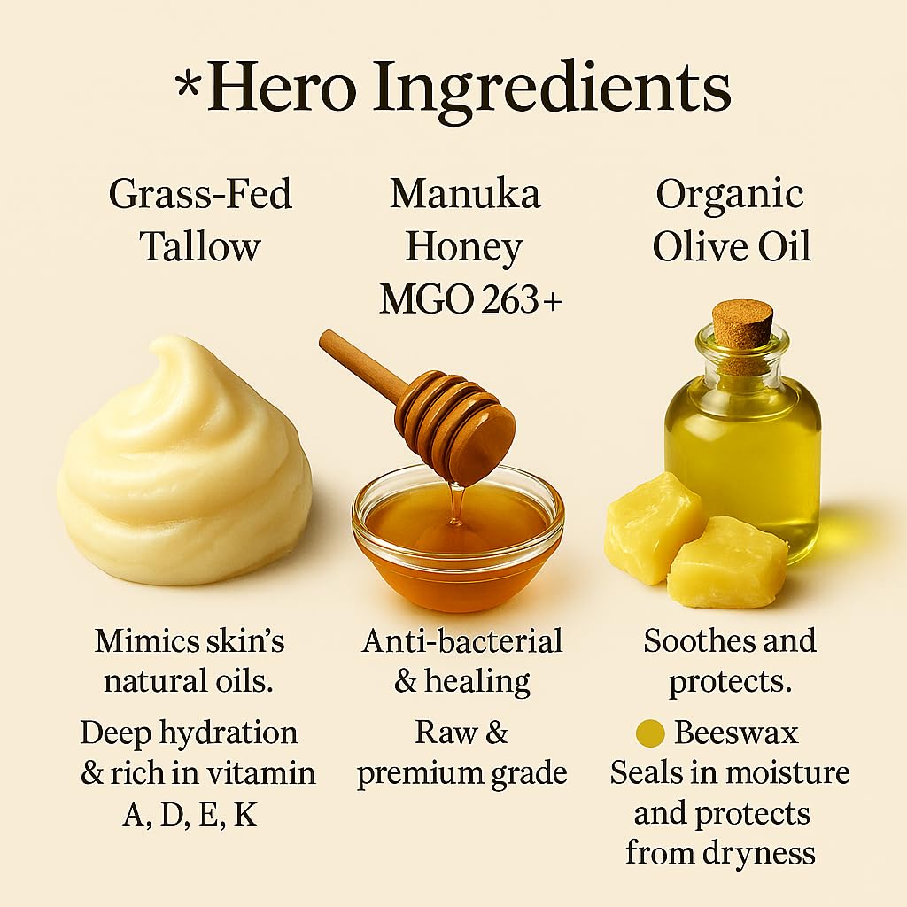 100% Grass-Fed Beef Tallow Balm, Manuka Honey MGO 263+, Organic Beeswax & Olive Oil, Beef Tallow for skin,Handmade Moisturizer for Dry Skin, Eczema Relief, & Healing Skin(2oz) - Image 2