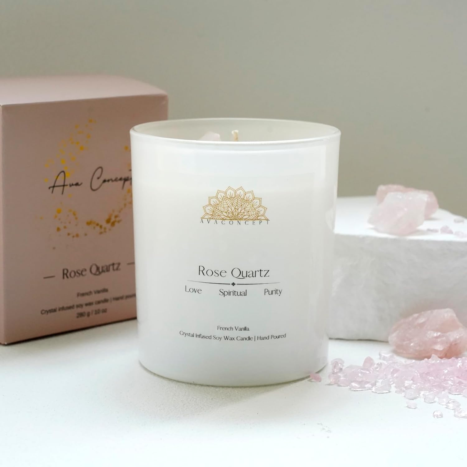 Healing Crystal Candle, French Vanilla Scented Rose Quartz Candle in 10 oz Jar - Natural Crystal for Love and Healing - Elegant Home Decor and Gift Idea - Image 3