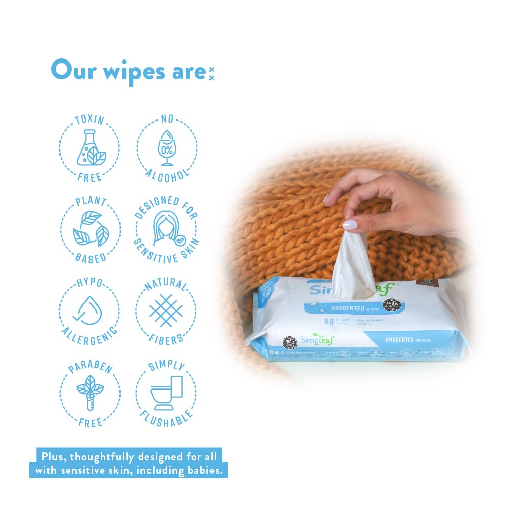 Simpleaf Flushable Wet Wipes 50 Count Unscented Aloe Vera Hypoallergenic Paraben Alcohol Free - Image 4