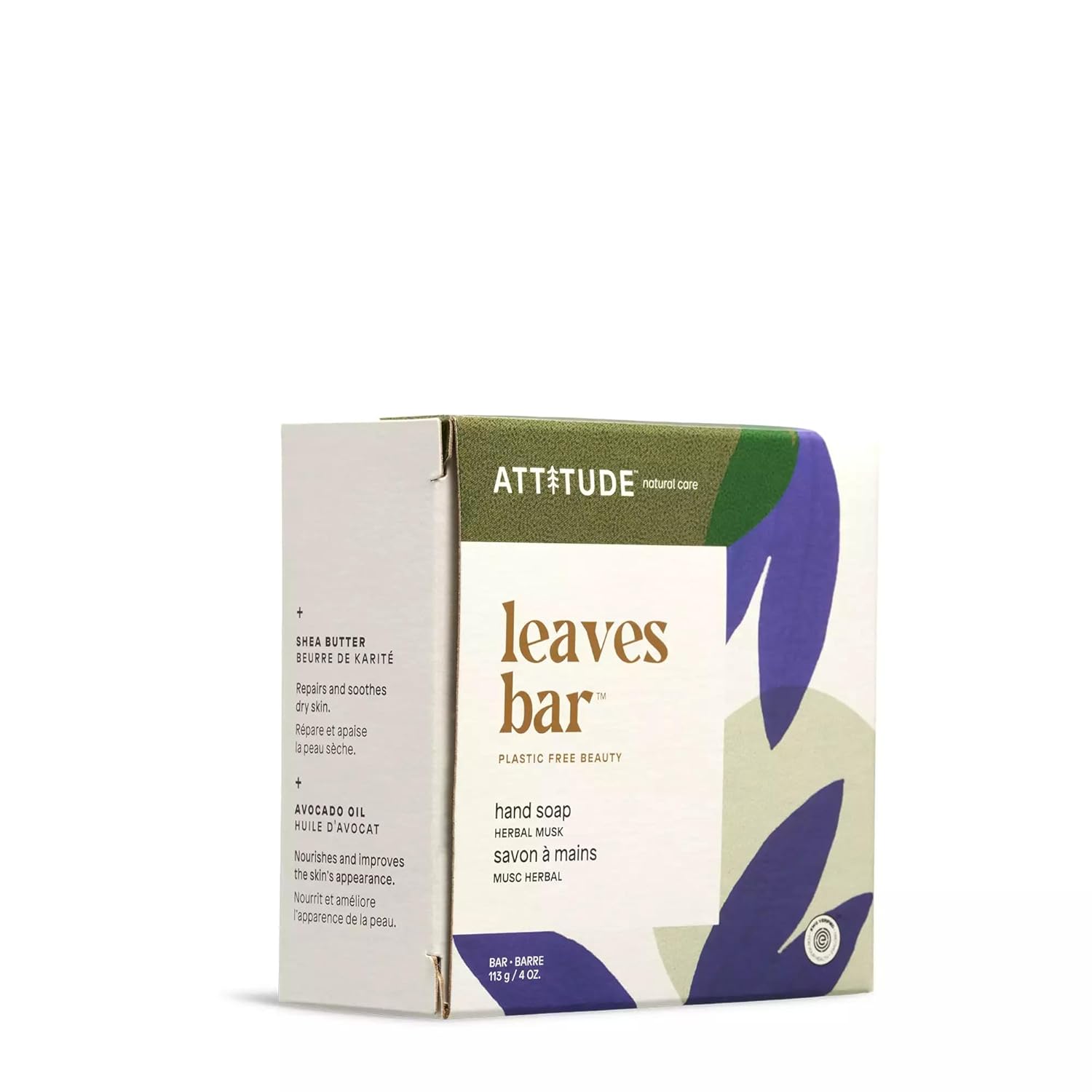 ATTITUDE Soap Bar, Natural Origin, Nourishing Cleanser for Hands and Body, Repairs and Soothes Dry Skin, Avocado Oil & Shea Butter, EWG Verified & Vegan, Herbal Musk, 4 Oz (Pack of 2)