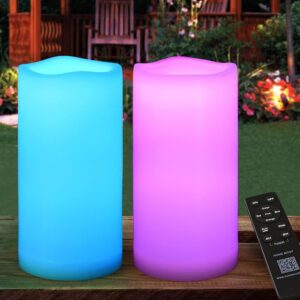 2-Pack Multicolor 4x8 Outdoor LED Pillar Candles with Timer and Remote - IP65 Waterproof Color Changing LED Pillar Candles - Battery Operated Flickering Flameless Pillar Candles Unscented