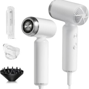 Hair Dryer, Travel Portable [Super Mini] High-Speed Ionic Blow Dryer with Magnetic Diffuser, 200 Million Negative Ions, 110,000RPM Brushless Motor for Home Salon Fast Drying Compact Lightweight, White