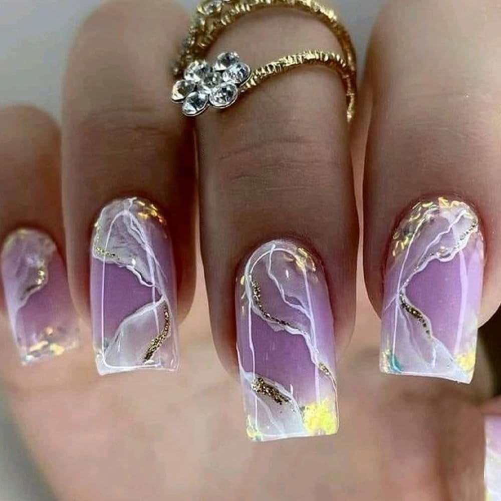 Marble Press on Nails Short Square Fake Nails with Glue Acrylic Glue on Nails with Designs Classy Gel Manicure Glitter False Nail for Women Girls Stick ons Nails for Wedding Birthday JDKL868