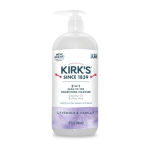 Kirk's 3-in-1 Head to Toe Nourishing Liquid Cleanser- for Men, Women & Children - Premium Coconut Oil & Aloe Vera- Non GMO & Vegan - Lavender and Vanilla - 32 Fl Oz.