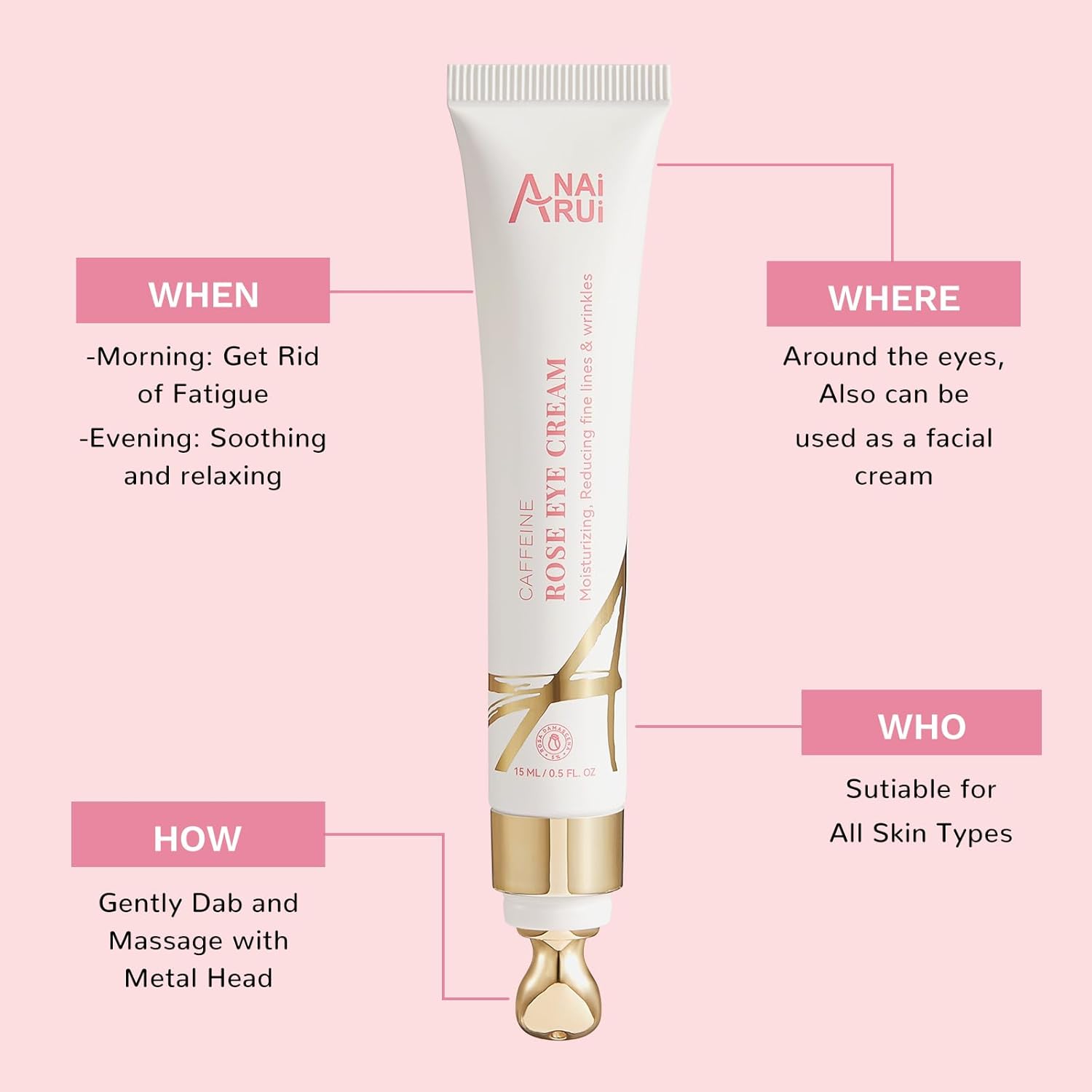 ANAI RUI Rose Caffeine Eye Cream 0.5 FL OZ for Dark Circles and Anti-Aging - Image 7