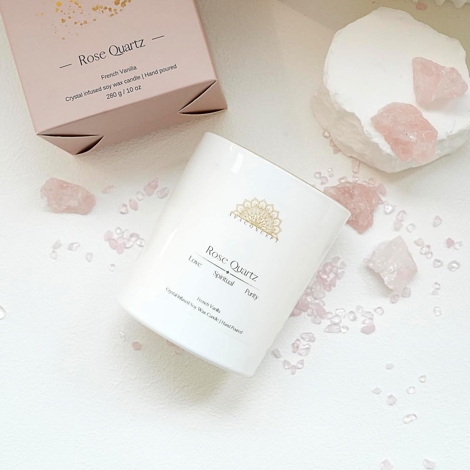 Healing Crystal Candle, French Vanilla Scented Rose Quartz Candle in 10 oz Jar - Natural Crystal for Love and Healing - Elegant Home Decor and Gift Idea - Image 4