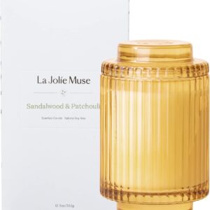 LA JOLIE MUSE Sandalwood & Patchouli Scented Candle, Candles for Home Scented, Luxury Glass Jar Candles for Gift and Home Decor, 80 Hours Long Burning, 12.3oz