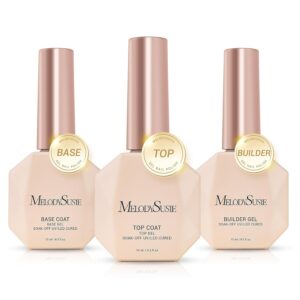 MelodySusie No Wipe Glossy Top Coat Base Coat Builder Gel Set Long Lasting Shine Finish Soak Off UV LED Nail Lamp Nail Polish Art Design Manicure Kit Perfect Gifts for Women Girls 3 Pcs 15ml