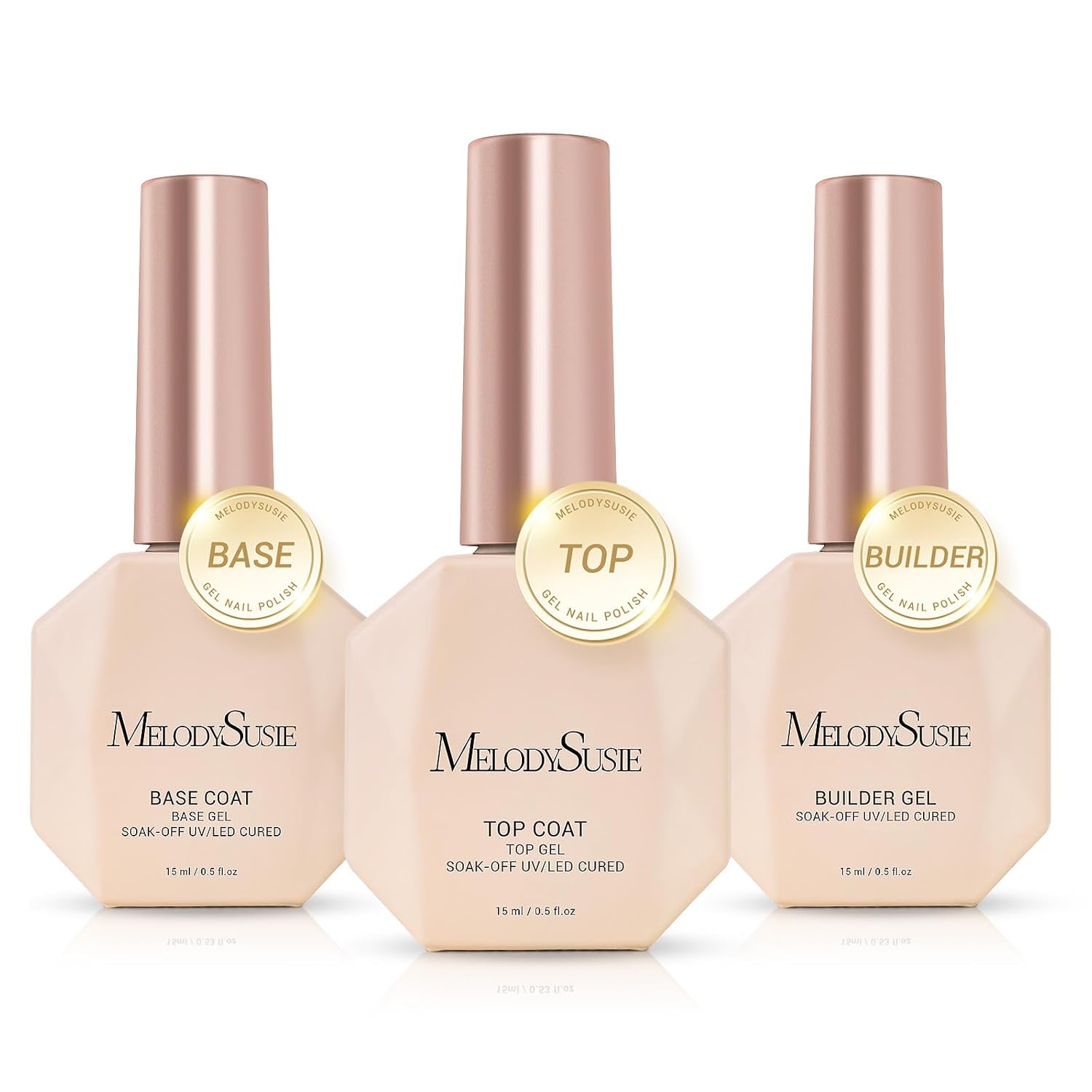 MelodySusie No Wipe Glossy Top Coat Base Coat Builder Gel Set Long Lasting Shine Finish Soak Off UV LED Nail Lamp Nail Polish Art Design Manicure Kit Perfect Gifts for Women Girls 3 Pcs 15ml