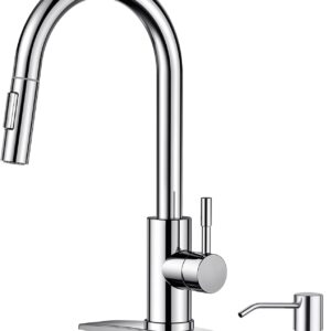 FORIOUS Chrome Kitchen Faucet with Soap Dispenser, High Arc Modern Sink Faucet with Pull Down Sprayer and Deck Plate, Stainless Steel Fit for 1 or 3 Hole for Pot Filler Bar Farmhouse Laundry Rv