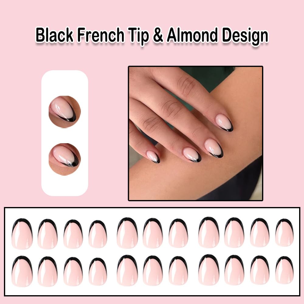 Short Almond Black French Tip Press On Nails Set with Acrylic Glue Gel Designs for Women and Girls - Image 2