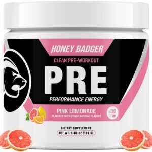 Honey Badger Pre Workout Powder, Keto Vegan Preworkout for Men & Women, Beta Alanine & Caffeine, Sugar Free Natural Energy Supplement, Pink Lemonade, 30 Servings
