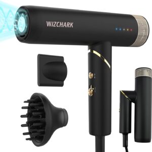 Professional Hair Dryer with Diffuser, Foldable Blow Dryer with Lightweight Design Compact Powerful & Fast Salon Hairdryer with High Speed Brushless Motor, Travel Hair Dryer Women Men (Black)