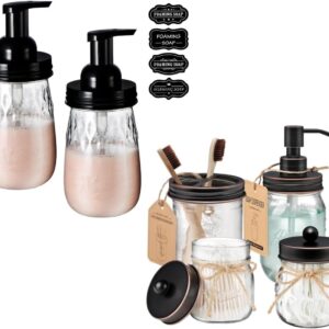 Amolliar Mason Jar Bathroom Accessories Set 4 Pcs -Lotion Soap Dispenser & 2 Qtip Holders & Toothbrush Holder and 2 Pack 16 oz Plastic Foaming Soap Dispenser with Pump Lid
