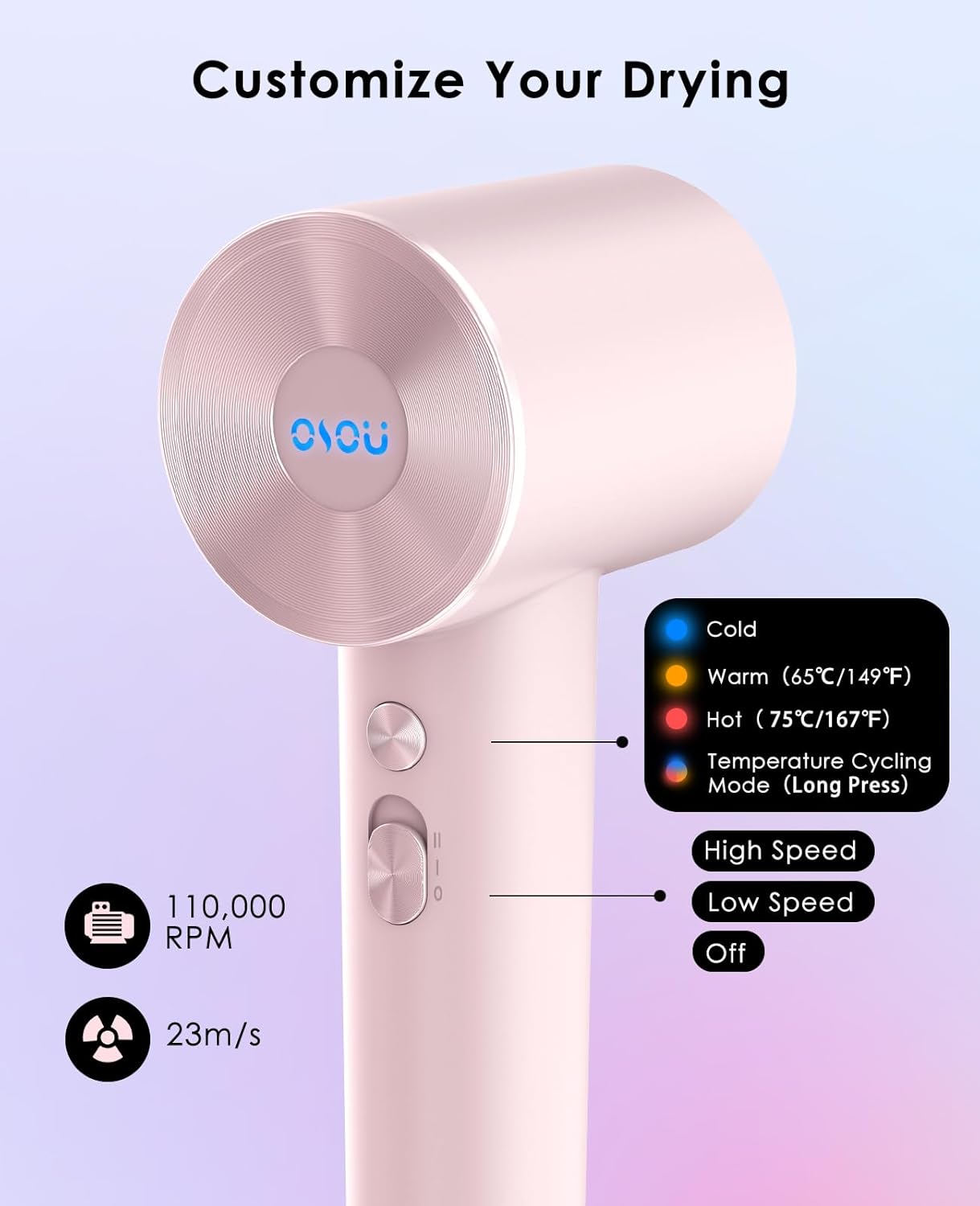Lightweight Low Noise Curly Hair Dryer with Diffuser, 110,000 RPM Motor - Image 5