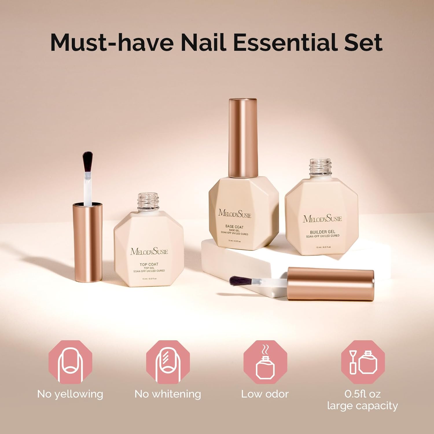 MelodySusie 3 Piece Nail Gel Set with No Wipe Glossy Top and Base Coat, 15ml Each - Image 6