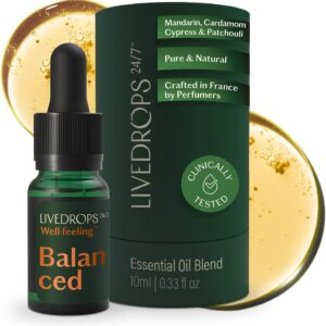 LIVEDROPS 24/7 Balanced Essential Oil Blend - Crafted in France Mandarin, Cardamon & Patchouli - Pure & Natural - Aromatherapy - Skin Safe & Diffuser Compatible - Clinically Tested