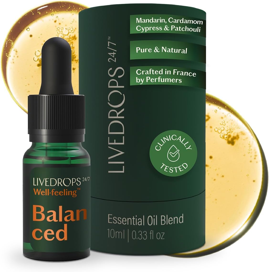 LIVEDROPS 24/7 Balanced Essential Oil Blend - Crafted in France Mandarin, Cardamon & Patchouli - Pure & Natural - Aromatherapy - Skin Safe & Diffuser Compatible - Clinically Tested