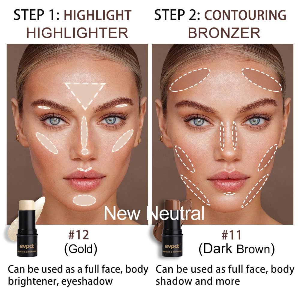 Evpct 2Pcs Face Cream Contour Bronzer Sticks Makeup Highlighter Kit in Dark Brown and Gold - Image 4