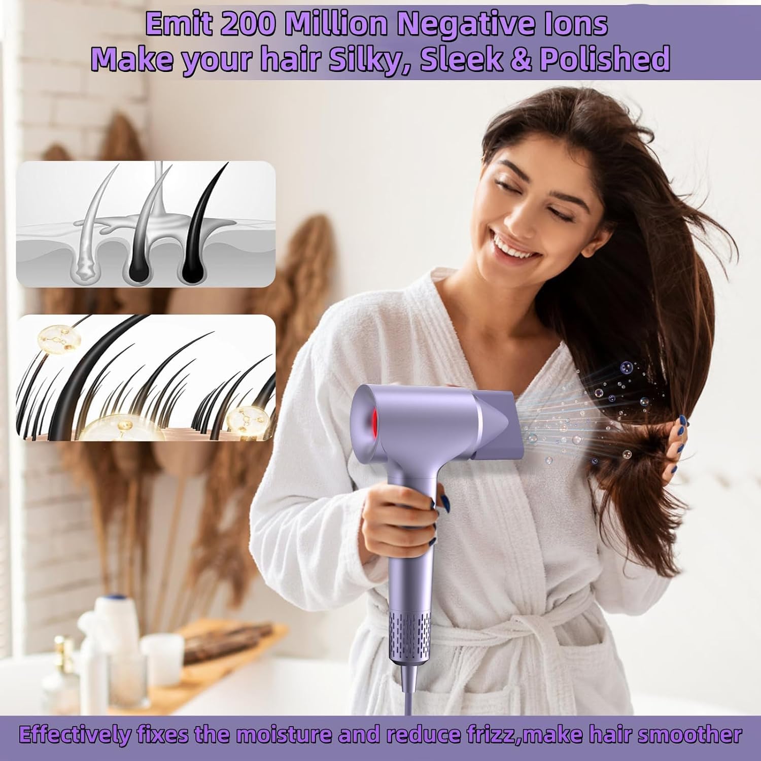 KARFUN Purple Ionic Hair Dryer 110000 RPM Brushless Motor Low Noise 3 Temps 2 Speeds - Image 2